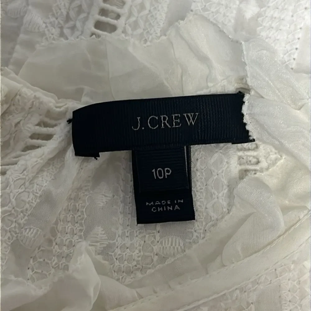 J. Crew Petite White Eyelet Ruffle Mock Neck top Sz 10P